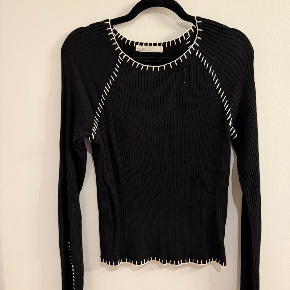 OAK + FORT Black Long Sleeve Sweater with White Stitching
